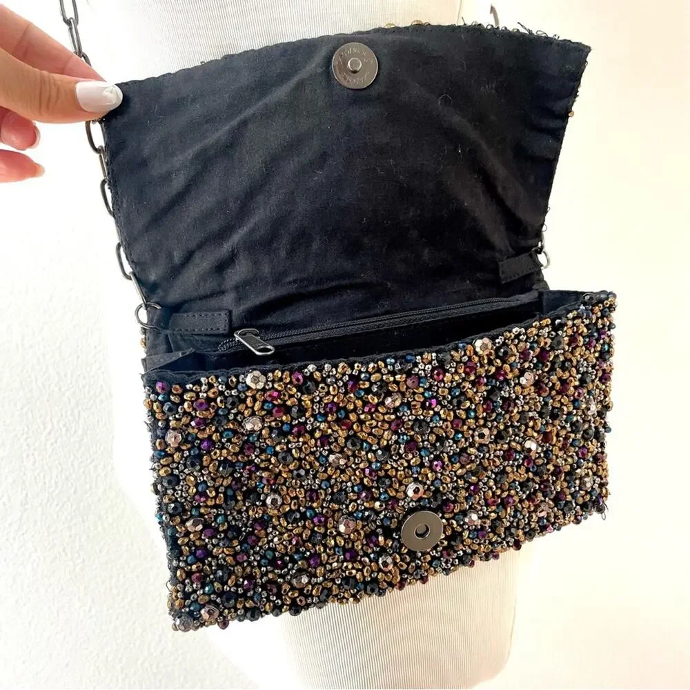 Free People Multicolor Black Beaded Evening Clutch Purse w/ Gunmetal Chain Strap